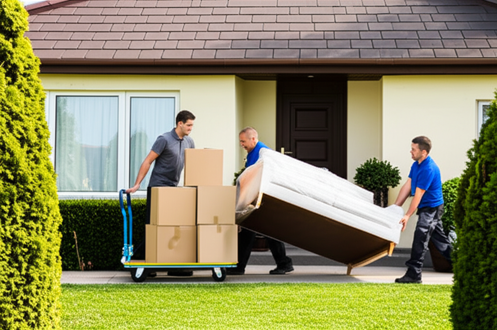 Professional movers handling sofa during house removal Dartford